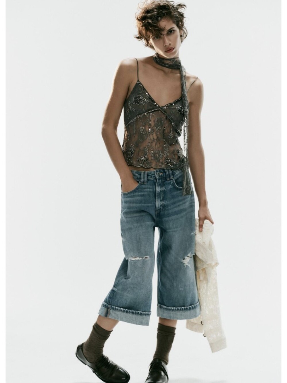 ZARA EMBROIDERED LACE TOP WITH SCARF